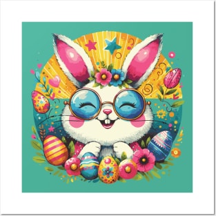 Happy Easter Groovy Retro Bunny Posters and Art